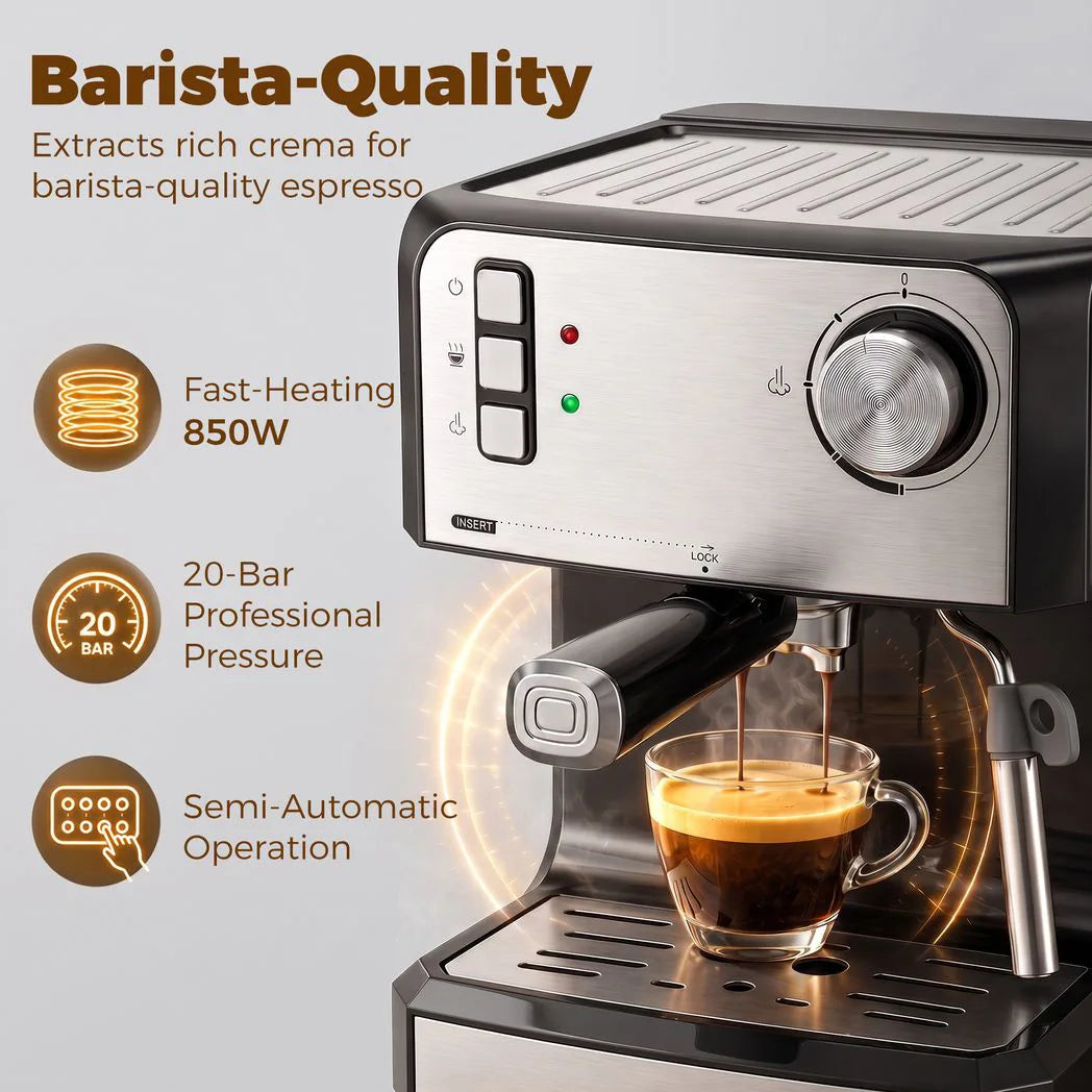 HOMCOM 20-Bar Semi-Automatic Espresso Machine with Frother Wand and 1.6 L Water Tank – Cappuccino Maker, Black