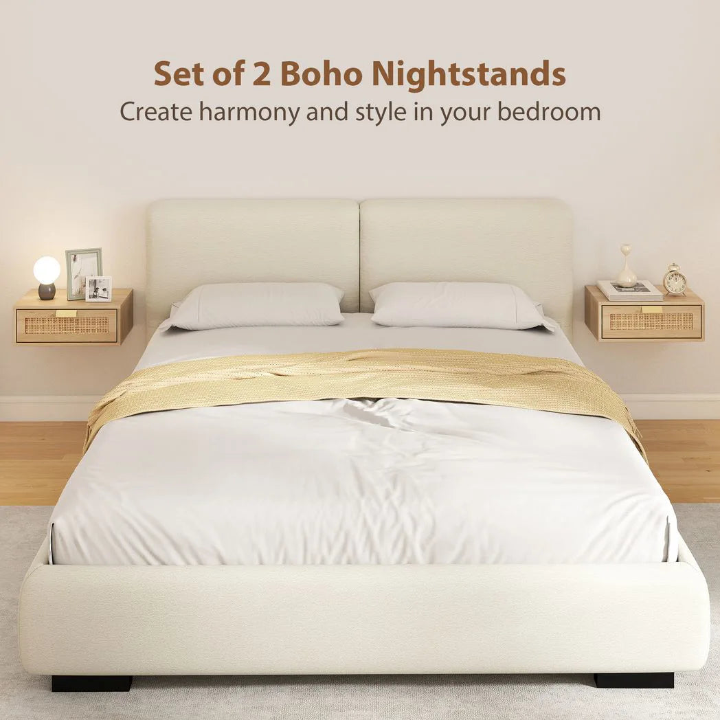 HOMCOM Set of 2 Floating Bedside Tables with Rattan Drawers – Wall Mounted Bedside Cabinets, Oak Wood Effect