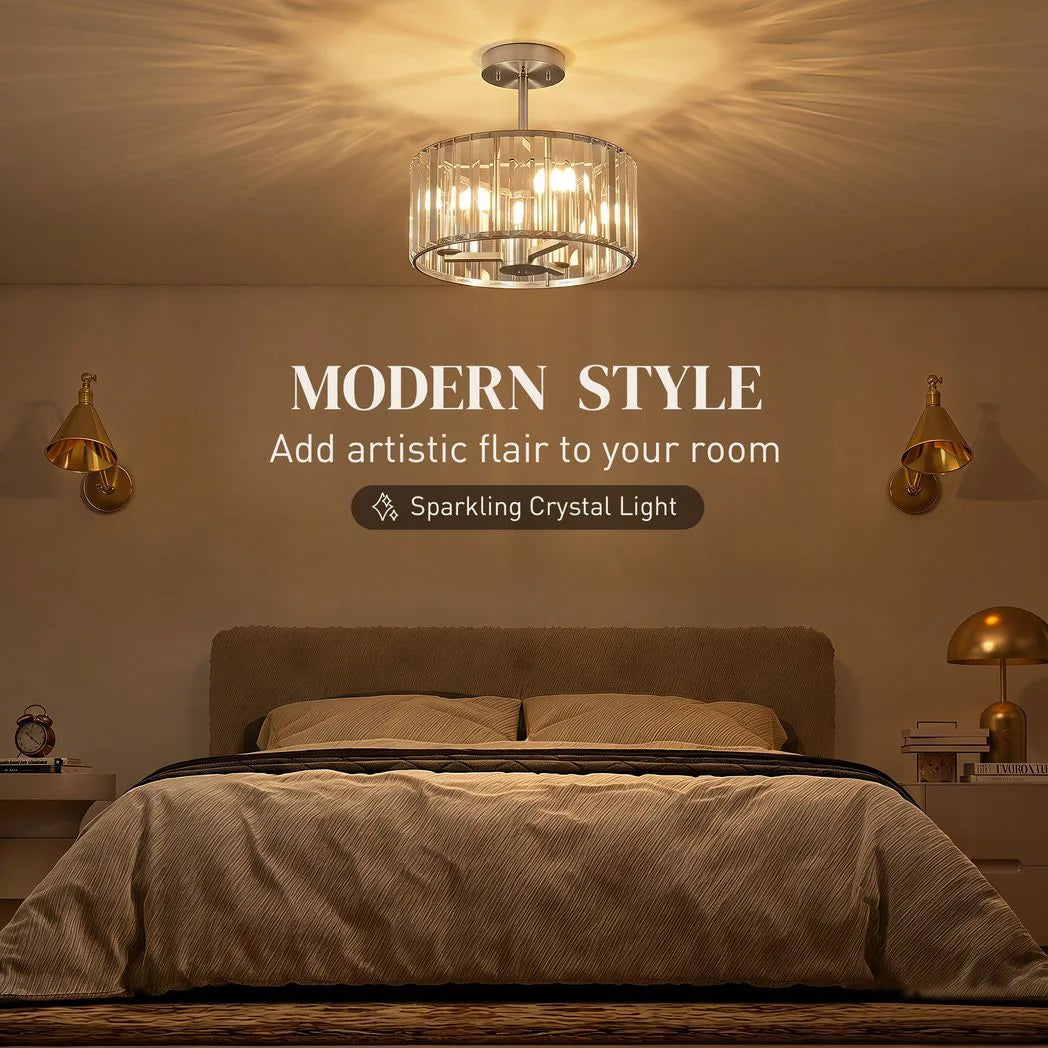 HOMCOM Semi Flush Modern Crystal Chandelier Ceiling Light with E14 Base – Silver Tone