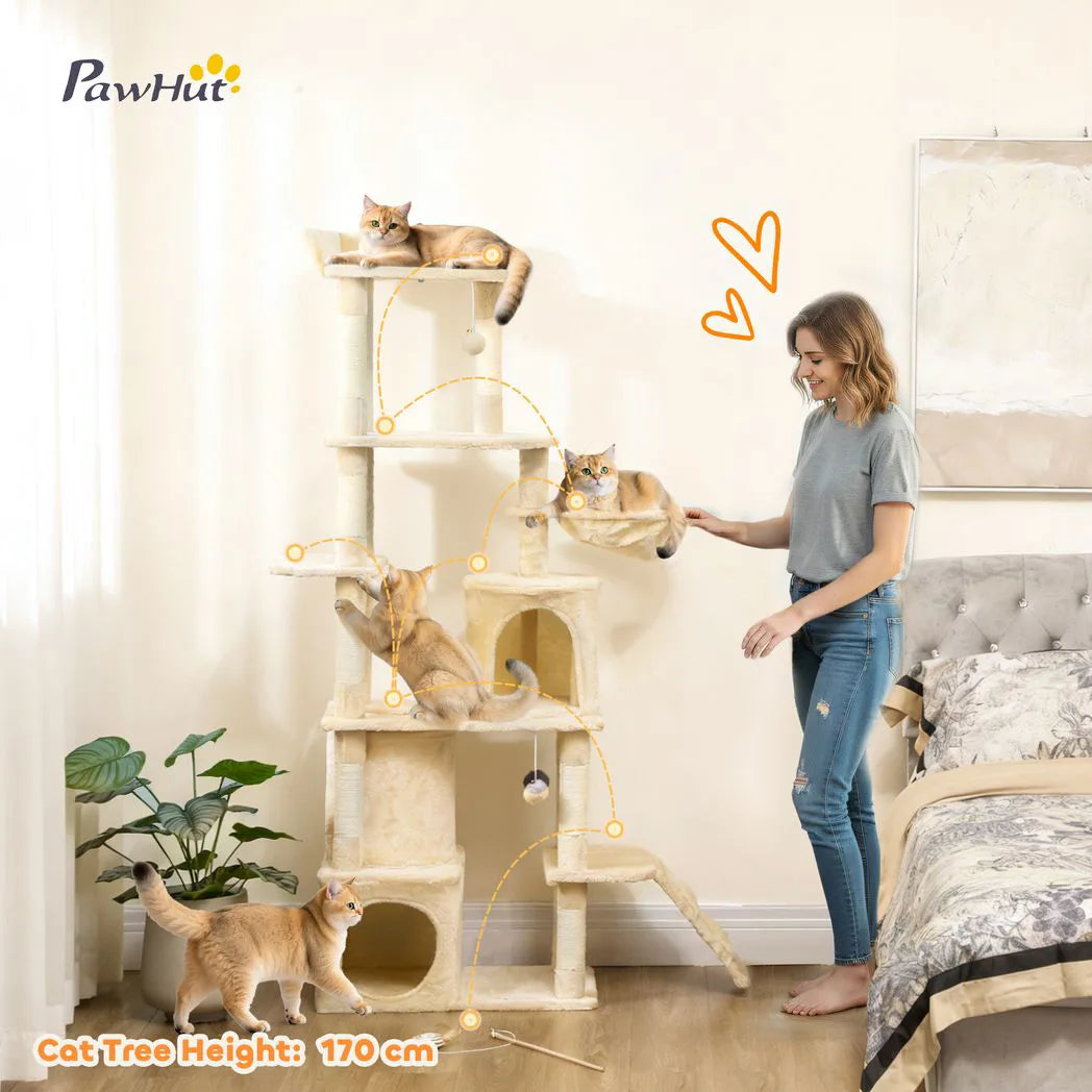PawHut 170cm Large Cat Tree with 7 Scratching Posts, Tunnel, 2 Condos, Hammock & Perch – Cat Tower, Beige