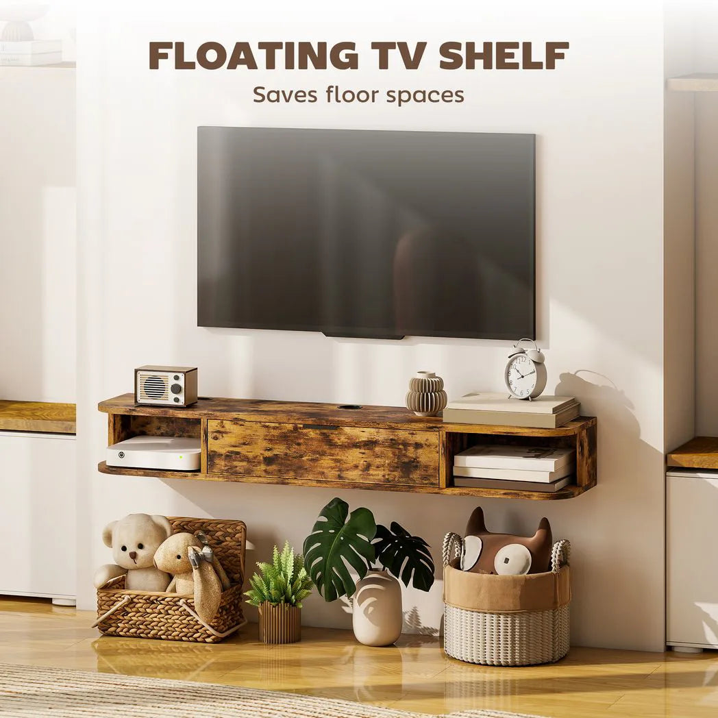 HOMCOM 120 cm Floating TV Unit for TVs up to 50 Inch with Flip Drawer and Open Shelves – Rustic Brown