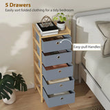 HOMCOM 5-Drawer Narrow Chest of Drawers with Fabric Drawers & Bamboo Frame – Slim Storage, Light Grey
