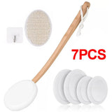 7-Piece Back Lotion Applicator Set with Beech Wooden Handle, Foam Pads and Bath Brush – 2-in-1 Body Care Tool