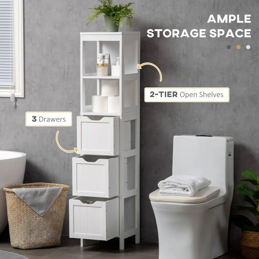 HOMCOM Narrow Floor Bathroom Cabinet with 3 Drawers and 2 Open Shelves – Slim Freestanding Storage, White
