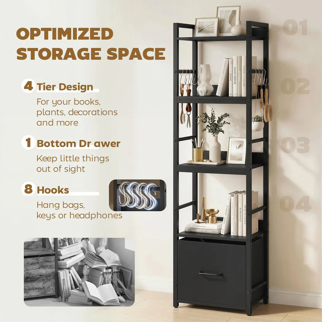 HOMCOM 4-Tier Narrow Bookshelf with Drawer, 8 Hooks and Metal Frame – Slim Bookcase, Black