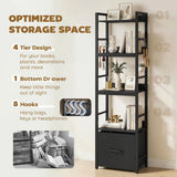 HOMCOM 4-Tier Narrow Bookshelf with Drawer, 8 Hooks and Metal Frame – Slim Bookcase, Black