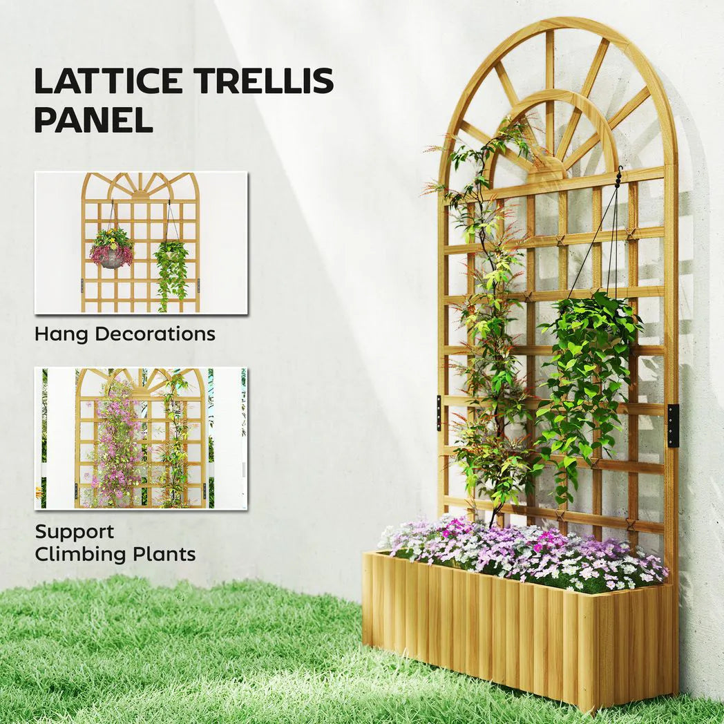 Outsunny Wooden Raised Planter with Curved Trellis & Drainage Holes – Garden Bed for Climbing Plants, Fir Wood