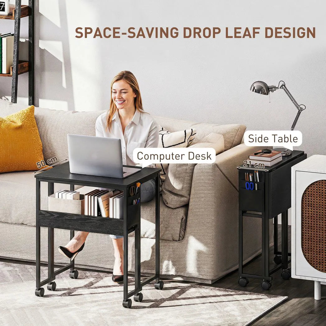HOMCOM Drop Leaf Writing Desk with Lower Shelf and Wheels – Compact Folding Home Office Table, Black