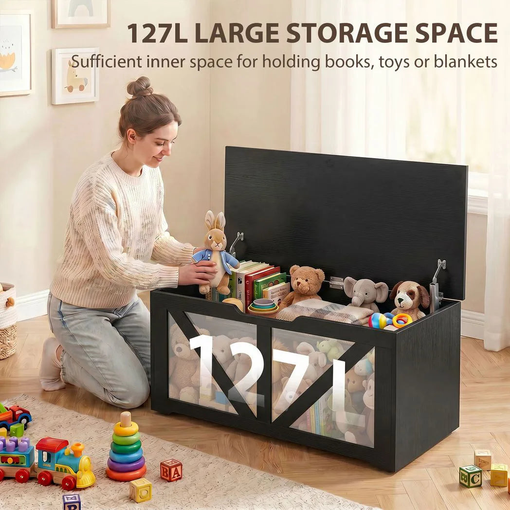 HOMCOM 127L Storage Chest Bench with Safety Hinges – Seat Trunk for Bedroom and Hallway, Black