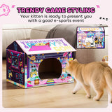 PawHut 2-in-1 Gaming-Style Cardboard Cat House with Scratching Board and Catnip – Indoor Cat Scratcher, Pink