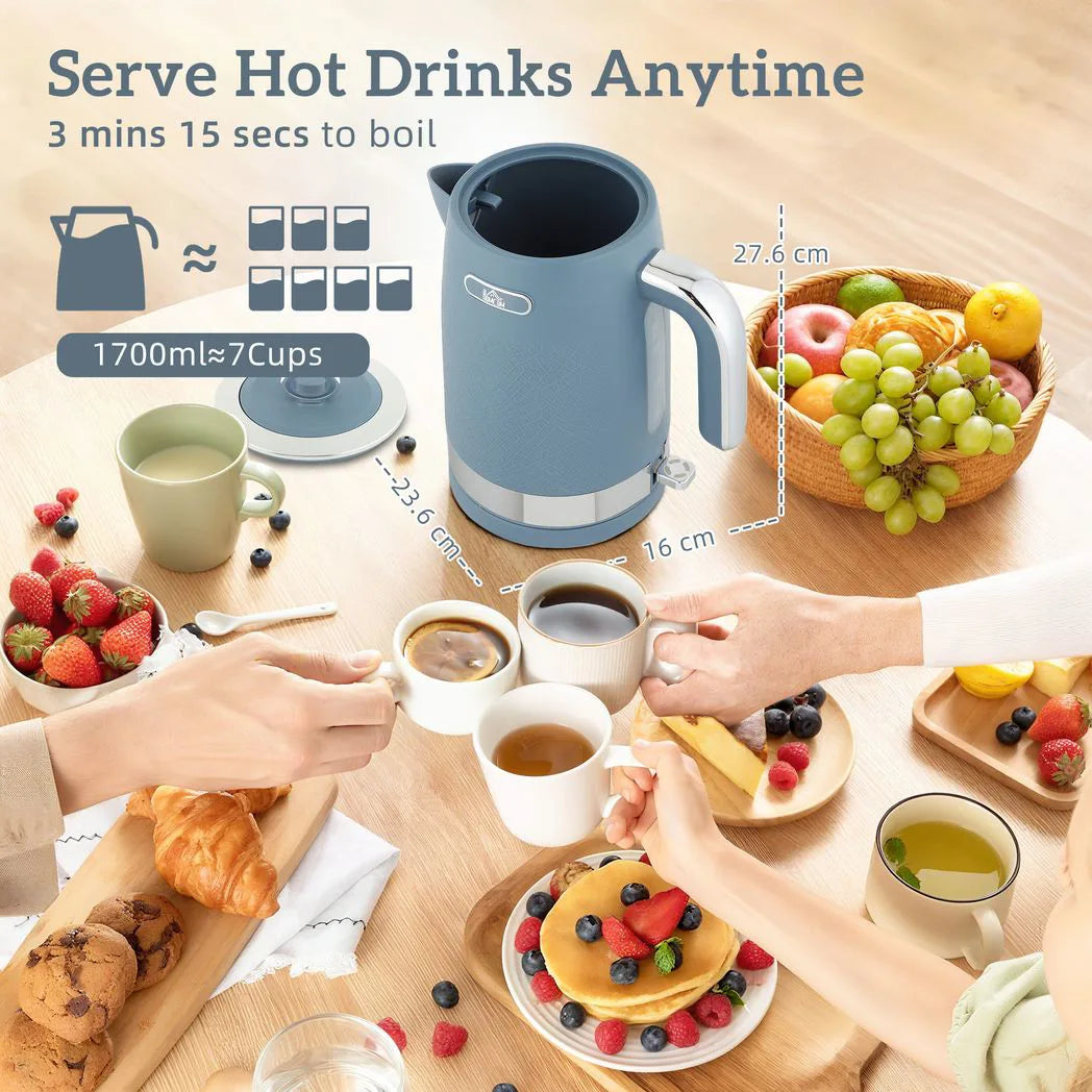 HOMCOM Sleek Textured Kettle and 4-Slice Toaster Set with Otter Thermostat – 1.7L 3000W Kettle, Blue