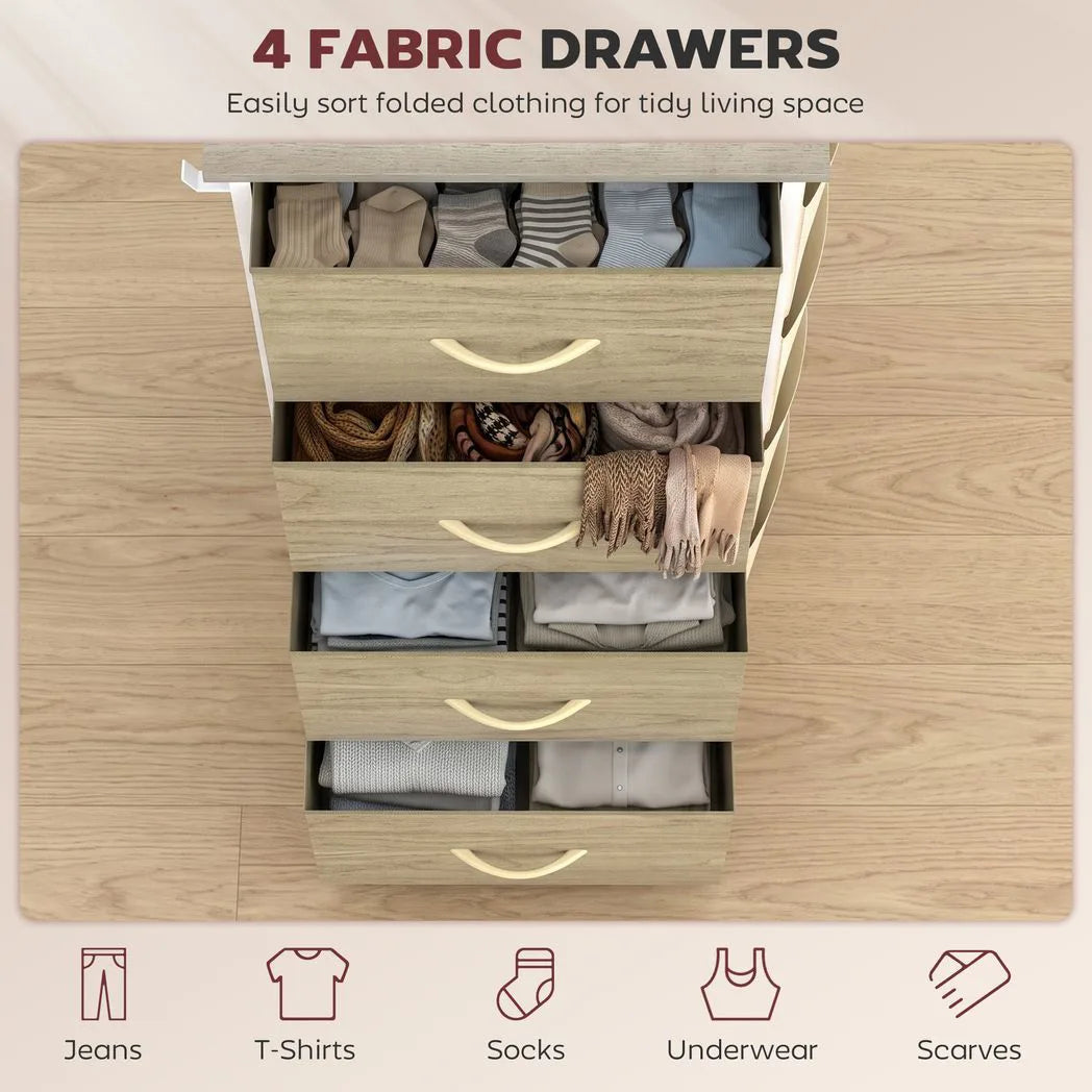 HOMCOM Tall Chest of Drawers with 4 Fabric Drawers, 4 Pockets & 2 Hooks – Steel Frame Storage, Natural Wood