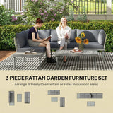 Outsunny Three-Piece L-Shaped Rattan Garden Sofa Set with Wood-Top Coffee Table and Thick Cushions – Grey