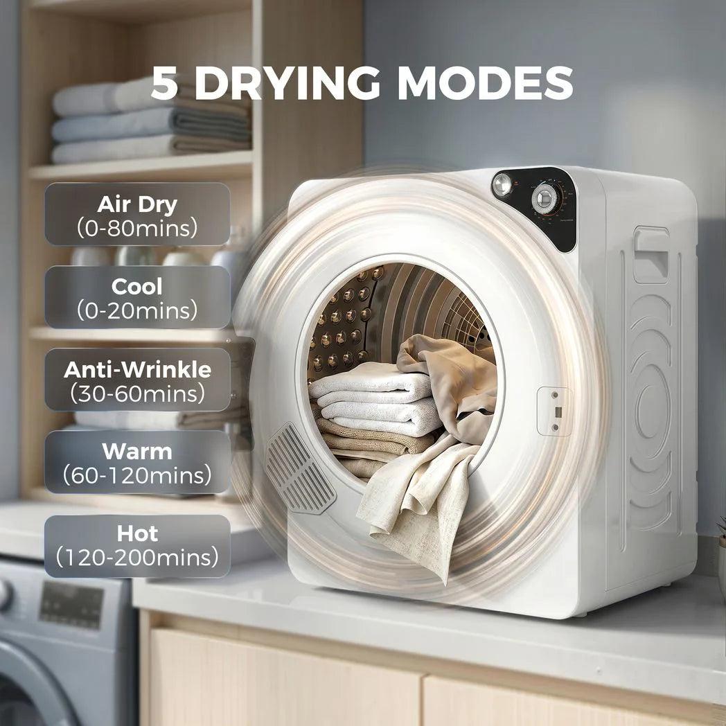 HOMCOM 5kg Vented Tumble Dryer, 1000W Compact Stackable Dryer with 5 Drying Modes and Stainless Steel Tub, White