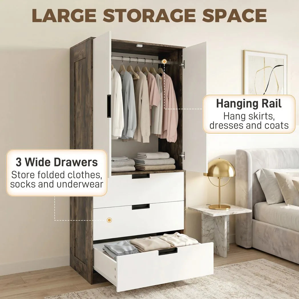 HOMCOM Wardrobe with 3 Drawers, 2 Soft-Close Doors & Hanging Rail – Space-Saving Storage, Rustic Brown