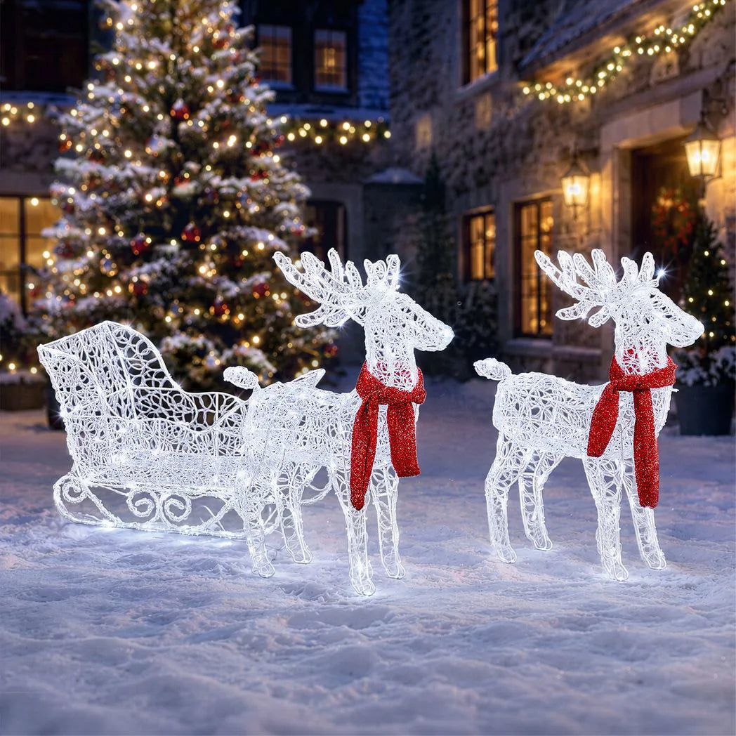 Light-Up Reindeer and Sleigh Christmas Decoration – 73cm, 240 White LEDs, UK Plug