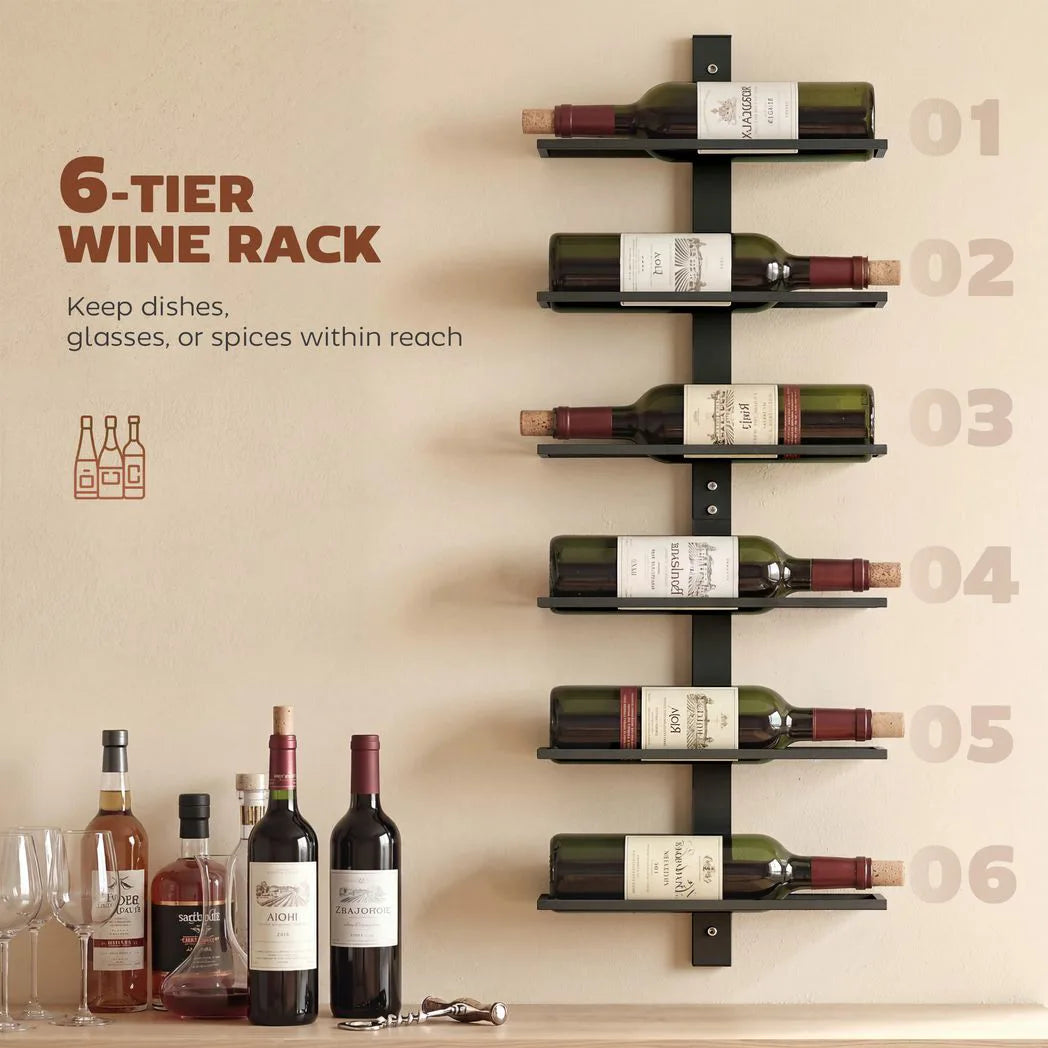 HOMCOM Wall Mounted 6-Tier Wine Rack – Metal Bottle Display Holder for Kitchen, Black