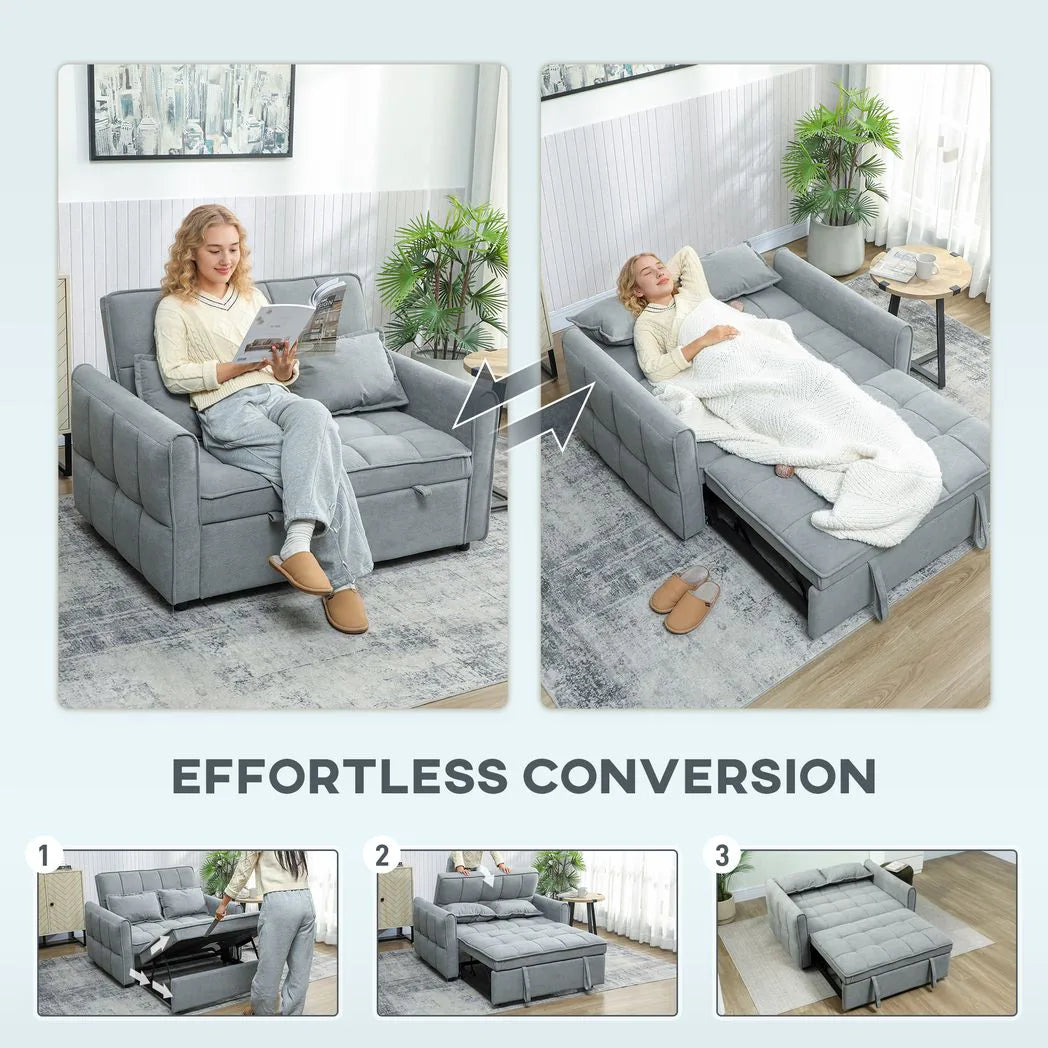 HOMCOM 2 Seater 3-in-1 Sofa Bed with Click-Clack Backrest and 2 Pillows – Convertible Sleeper Sofa, Grey