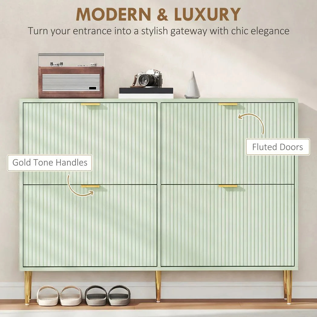 HOMCOM Slim 4-Drawer Shoe Cabinet with Ridged Doors and Gold Accents – Holds 10–20 Pairs, Light Green