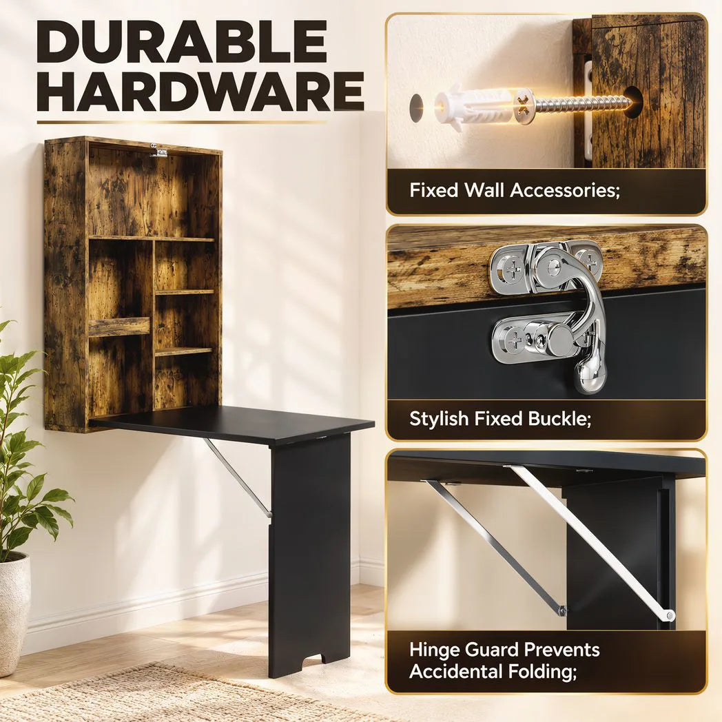 HOMCOM Folding Wall-Mounted Drop-Leaf Table with Chalkboard and Storage Shelf – Space-Saving Desk, Brown