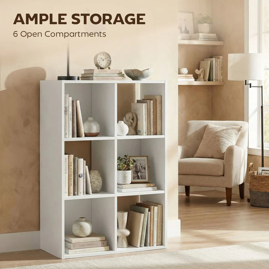 HOMCOM Industrial Style 3-Tier Storage Shelf with 6 Compartments – Bookcase for Living Room, White Wood Effect