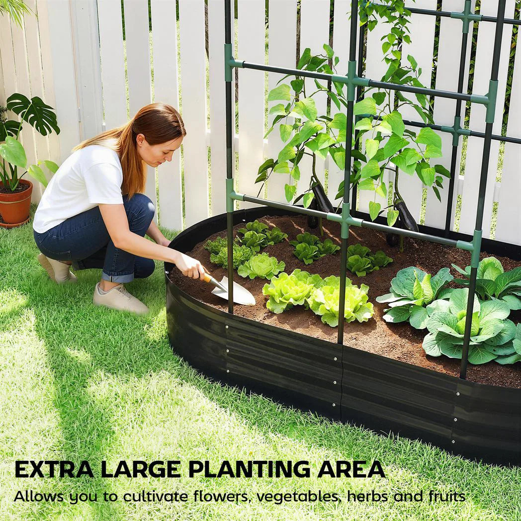 Outsunny Galvanised Metal Raised Garden Bed with Arched Trellis – 5 x 3 x 6ft, 425L, Open Bottom, Dark Grey