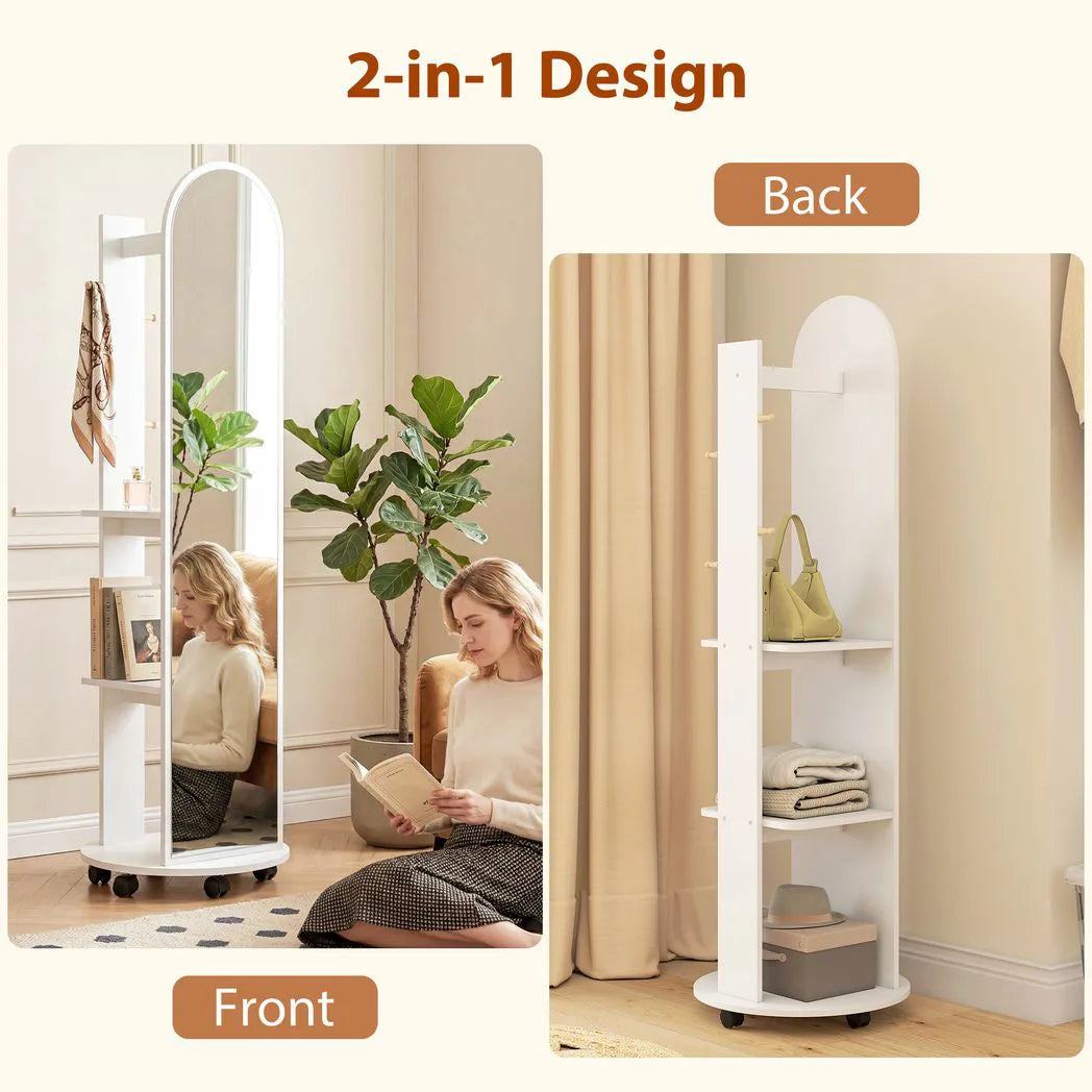 HOMCOM 2-in-1 Full Length Mirror with Storage Shelves, Floor Mirror with 4 Wheels, Coat Rack, Hooks