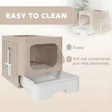 PawHut Cat Litter Box with Lid, Slide-Out Drawer and Scoop – Odour Control, Anti-Splashing, Khaki