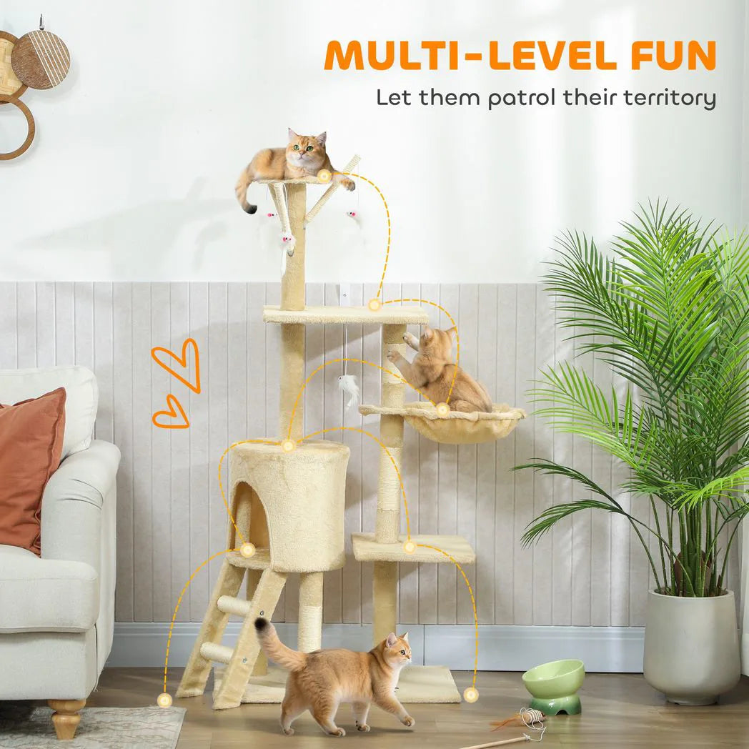 PawHut 134cm Multi-Level Cat Tower with Condo and Sisal Scratching Posts – Indoor Cat Tree, Beige