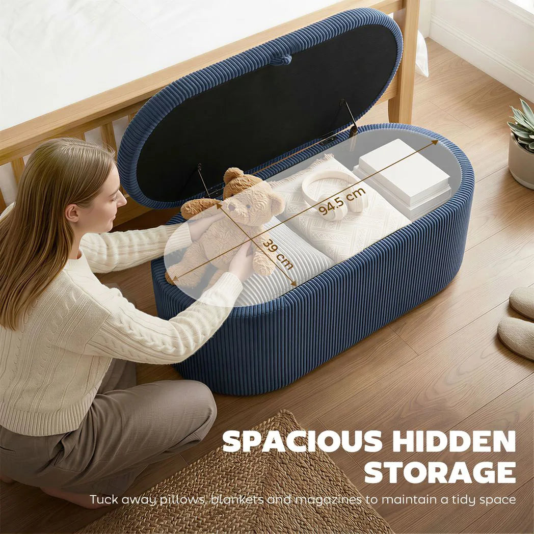 HOMCOM Corduroy Storage Ottoman Bench with Padded Seat and Hidden Storage, 105 x 51 x 49 cm, Blue