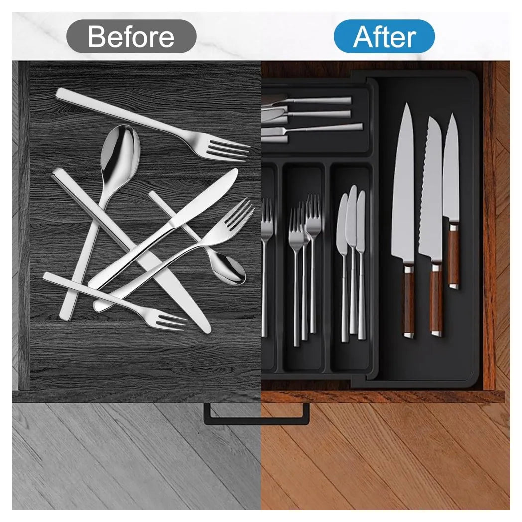 Extendable Cutlery Tray, Large Kitchen Drawer Organiser with 8 Compartments, 30–57 cm Wide