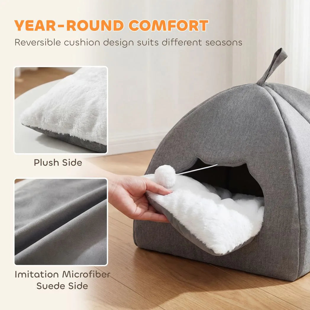 PawHut Cat Cave Bed with Reversible Cushion, Teaser Ball & Anti-Slip Base – Indoor Kitten Igloo House, Grey