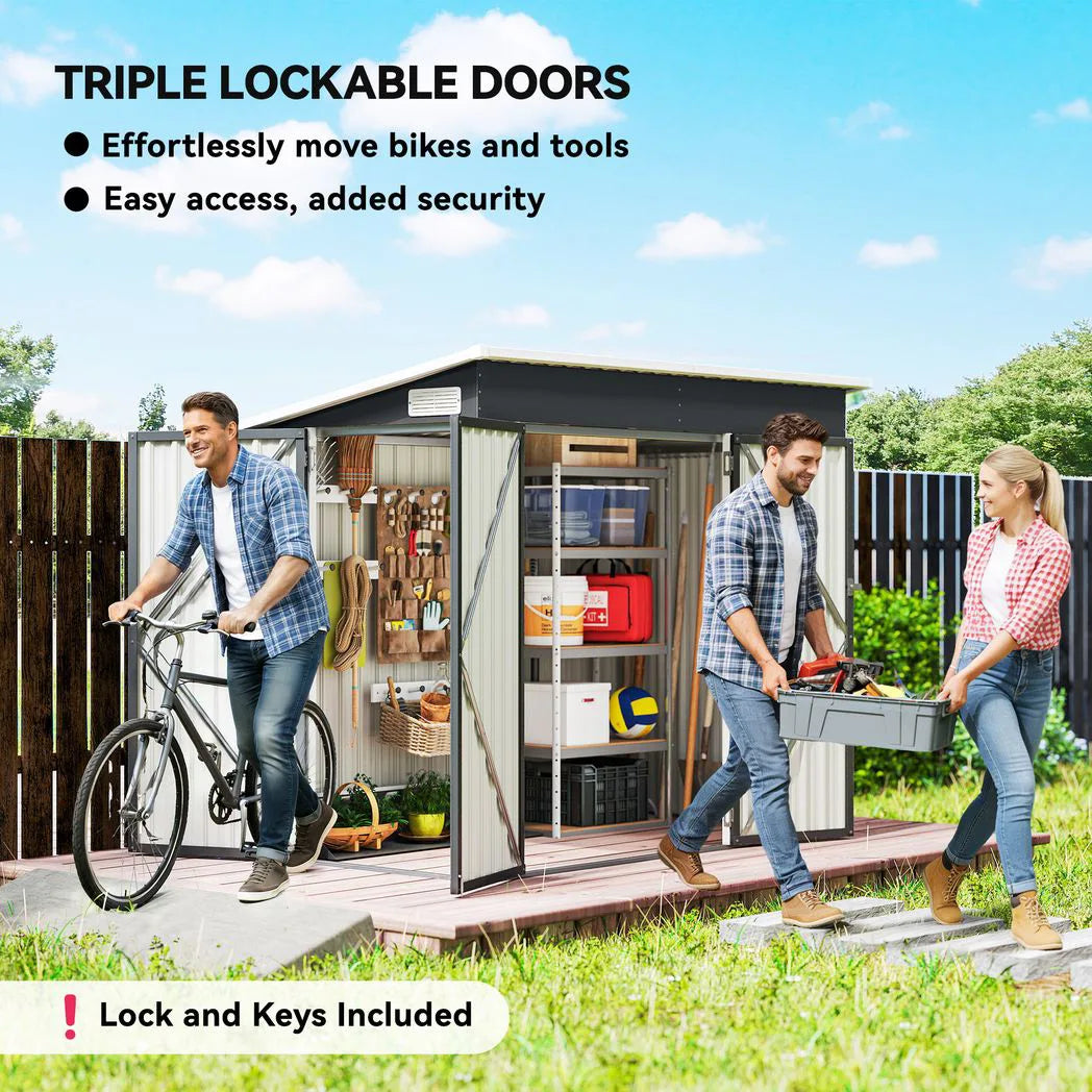 Outsunny 7.5 x 4.3ft Galvanised Metal Garden Shed with 3 Lockable Doors and Vents, Dark Grey