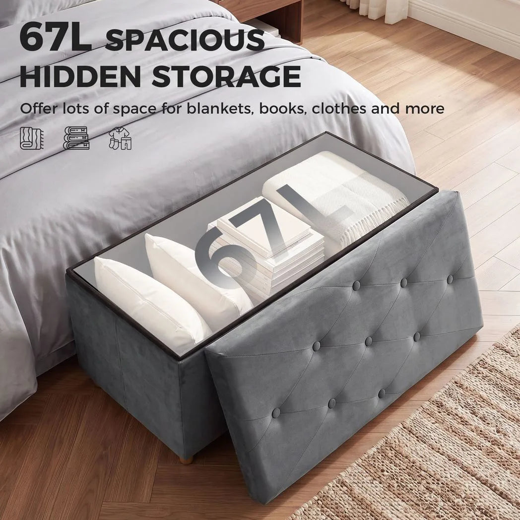 HOMCOM Velvet Upholstered Foldable Storage Ottoman Bench with Wood Legs, 67L – Footrest for Living Room, Grey