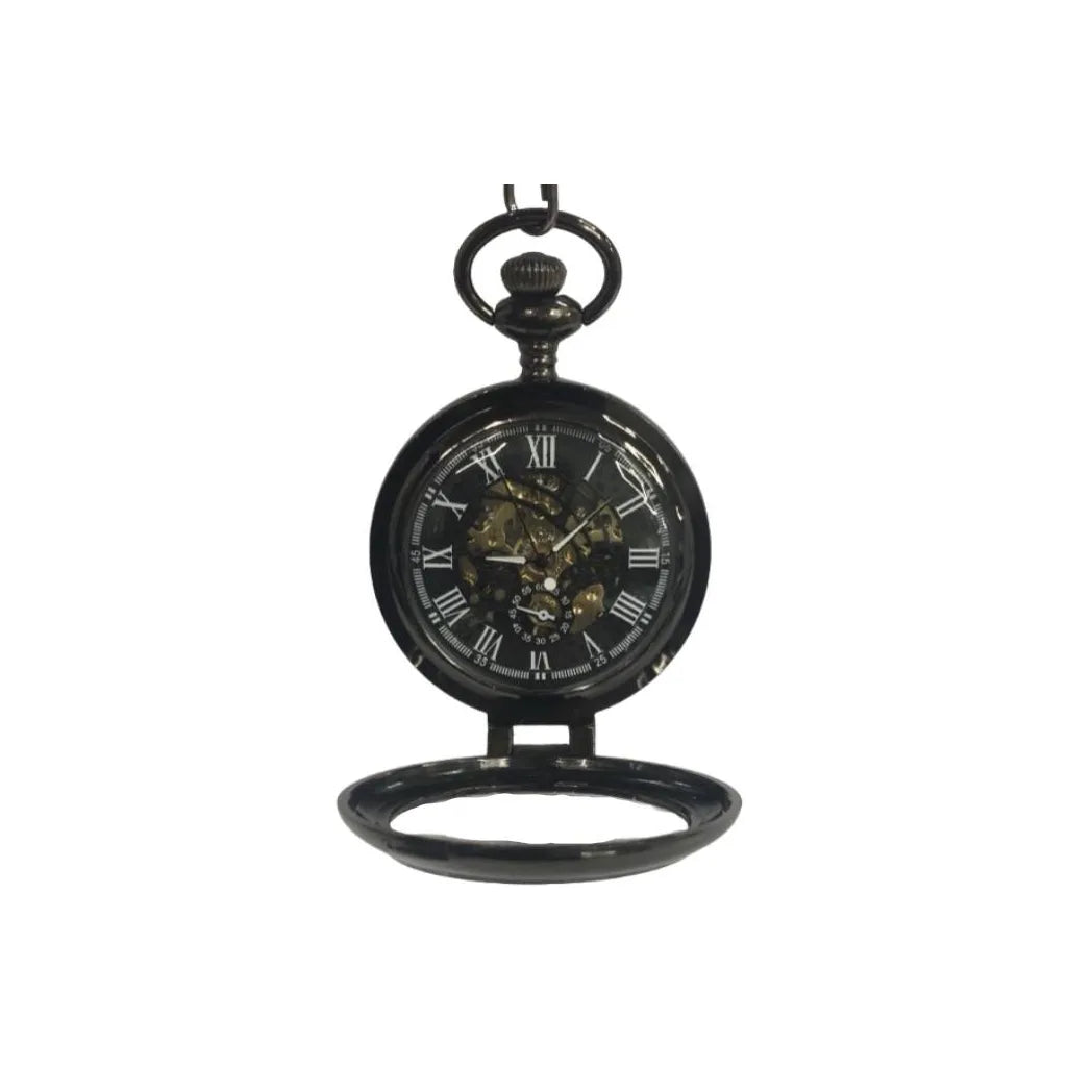 Boshiya Half Hunter Steampunk Pocket Watch, Mechanical Hand-Wind with Skeleton Dial and Chain, Gunmetal