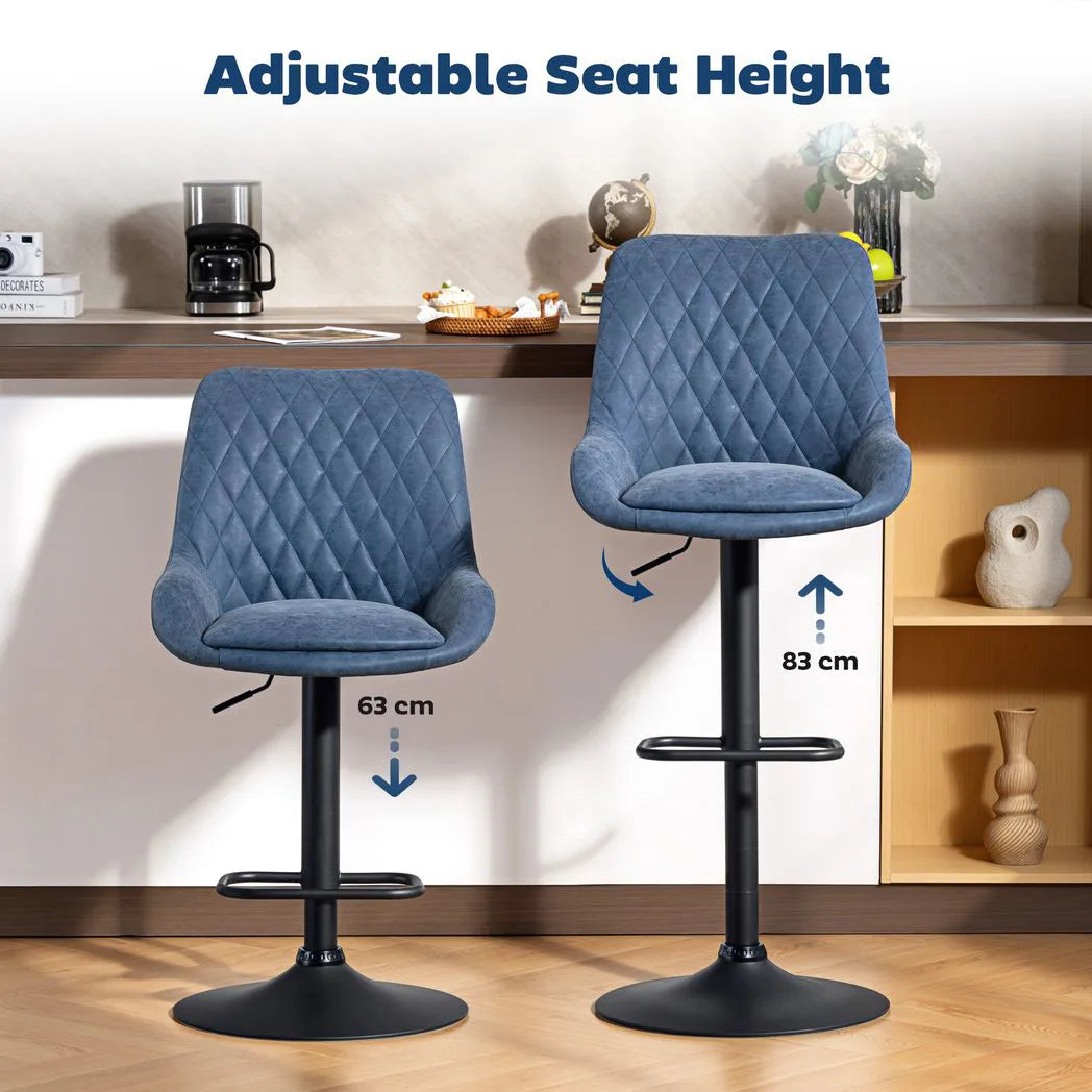 HOMCOM Set of 2 Retro Faux Leather Bar Stools, Adjustable Height Swivel Kitchen Stools with Footrest – Dark Blue