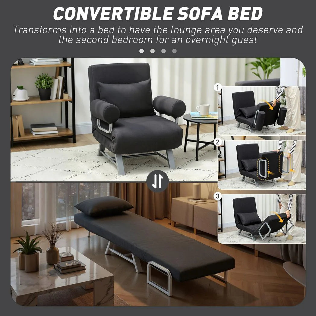 HOMCOM 3-in-1 Single Sofa Bed with Adjustable Backrest & Removable Armrests – Convertible Chair Bed, Black