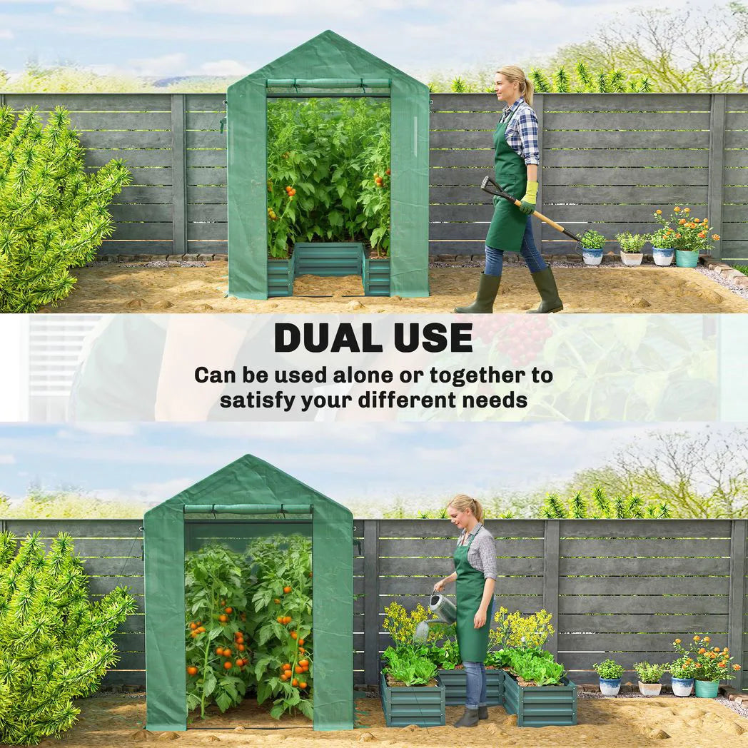 Outsunny Walk-In Greenhouse with Galvanised Raised Bed & Roll-Up Windows, 141 x 141 x 190 cm, Green