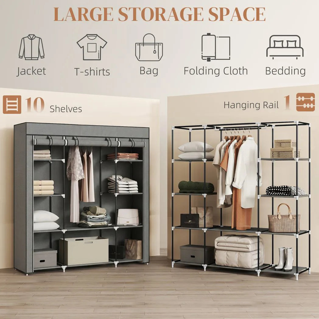HOMCOM Portable Fabric Wardrobe with Hanging Rail, 10 Shelves and Roll-Up Doors – Foldable Clothes Storage, Dark Grey