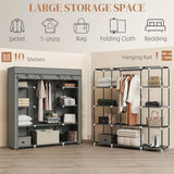 HOMCOM Portable Fabric Wardrobe with Hanging Rail, 10 Shelves and Roll-Up Doors – Foldable Clothes Storage, Dark Grey