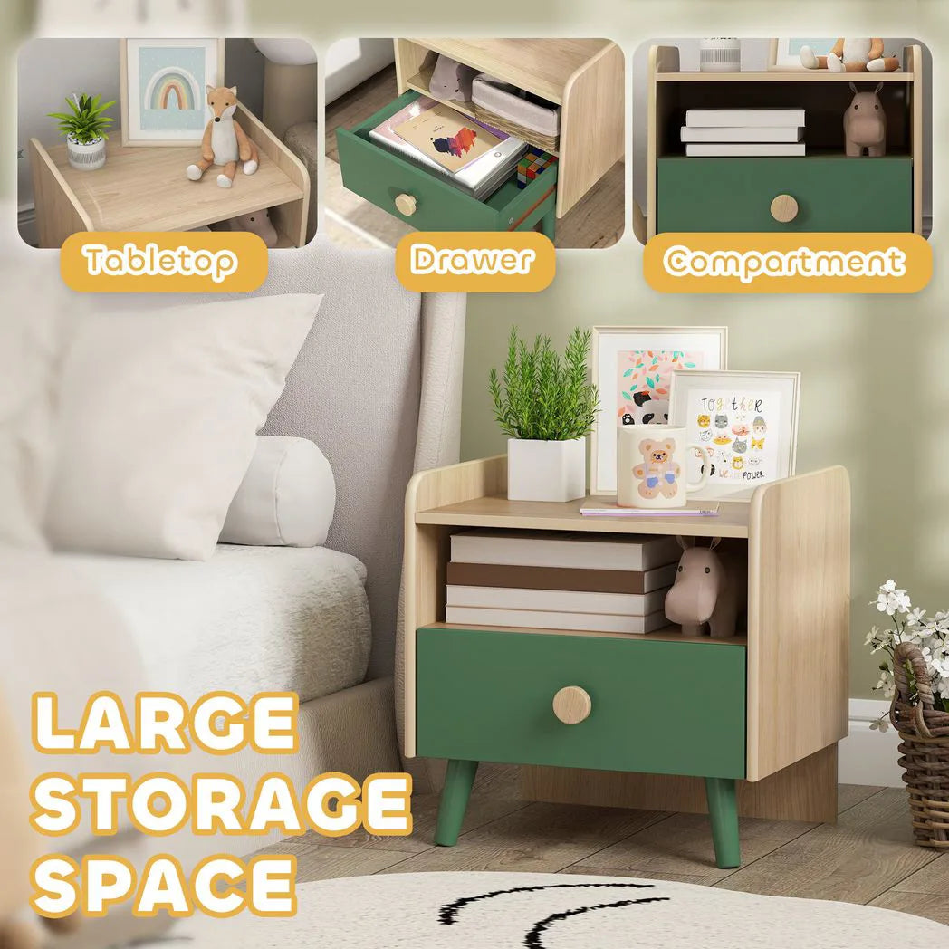 AIYAPLAY Kids Bedside Table with Drawer and Open Storage Shelf – Wooden Nightstand for Children's Bedroom, Green