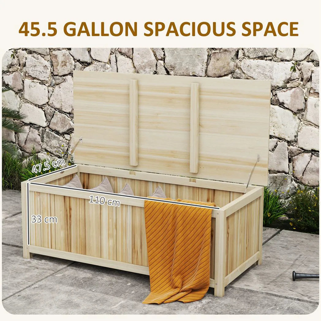 Outsunny 172L Wooden Outdoor Storage Box with Hinged Lid – Fir Wood Terrace Box for Garden, Natural