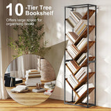 HOMCOM 10-Shelf Industrial-Style Tree Bookshelf with Metal Frame and Anti-Tipping Straps – Black/Brown