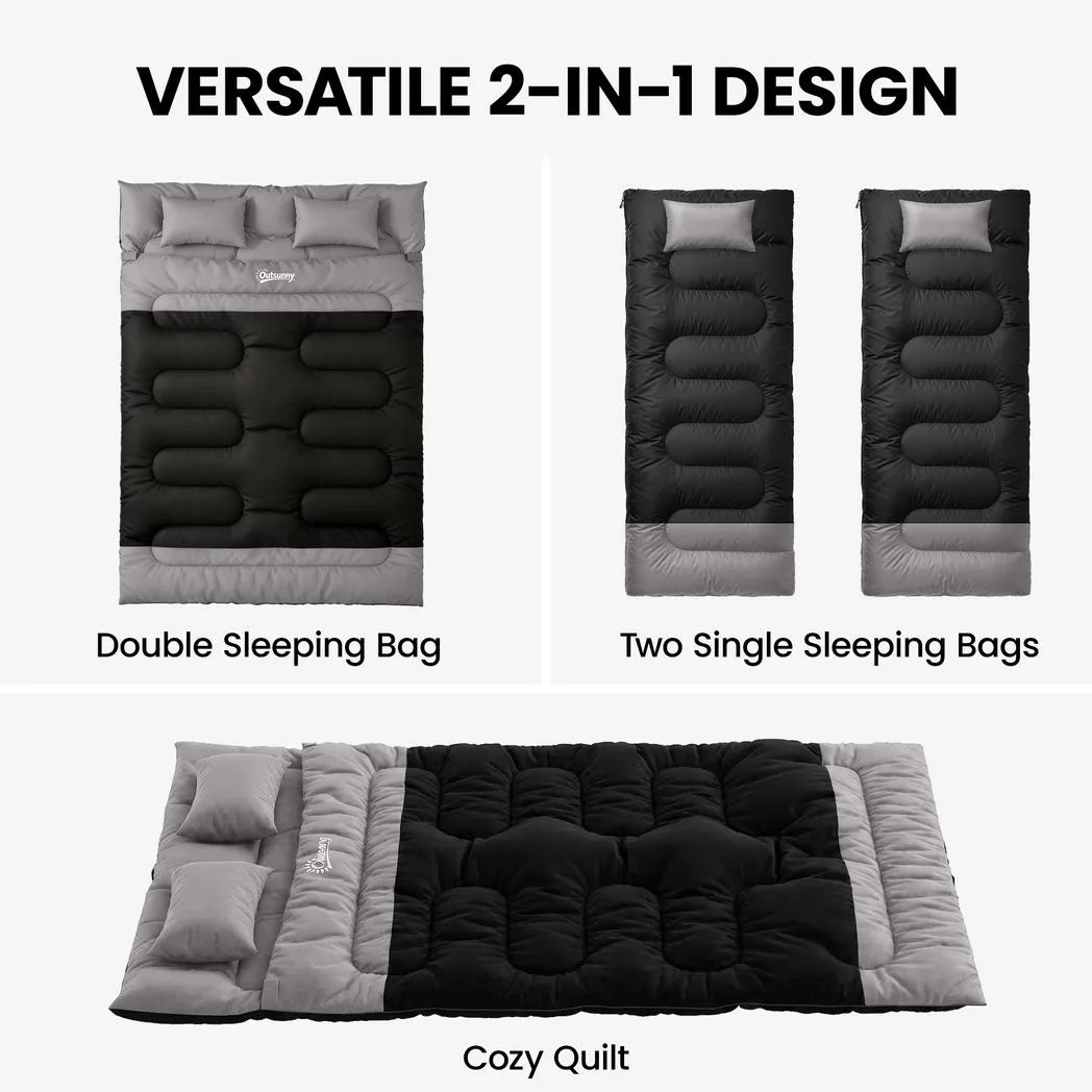 Outsunny Double Sleeping Bag with 2 Pillows, 220 x 160cm – Extra-Large Camping Bag for Adults, Black and Grey