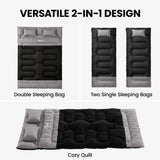 Outsunny Double Sleeping Bag with 2 Pillows, 220 x 160cm – Extra-Large Camping Bag for Adults, Black and Grey