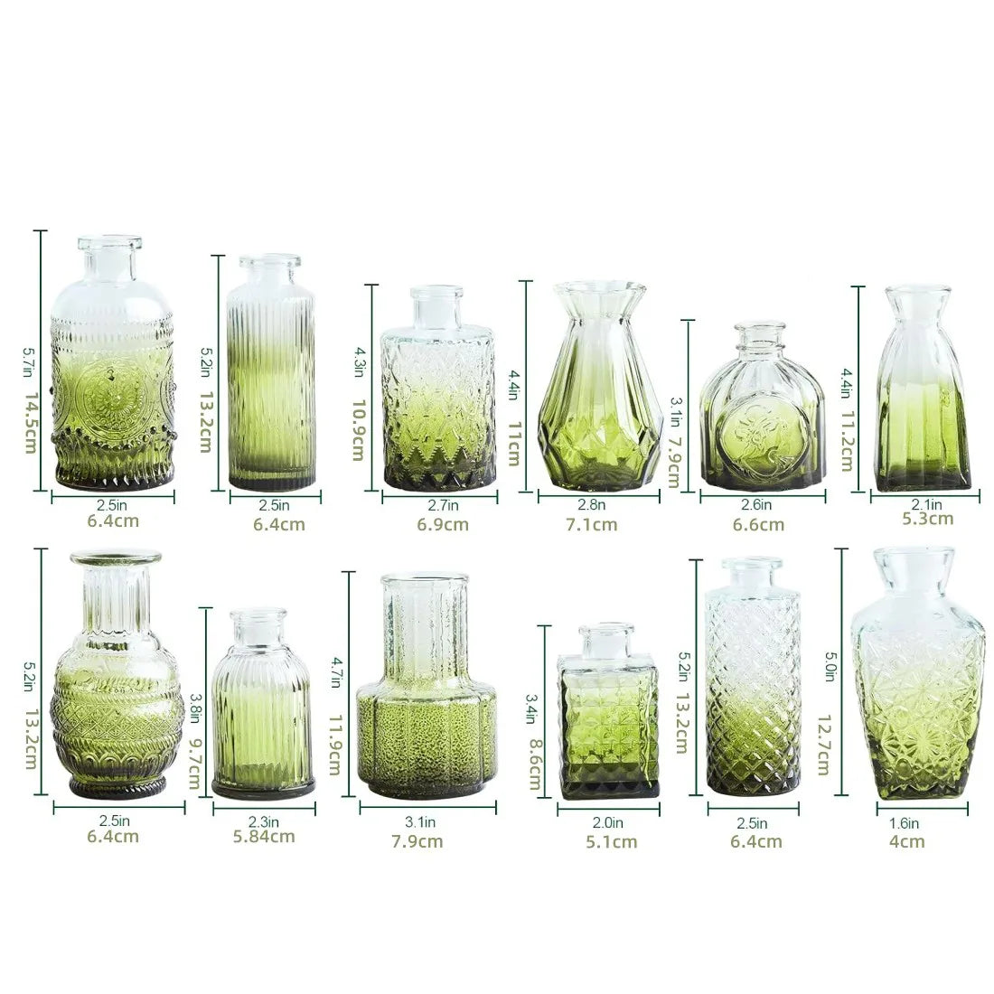 Glass Bud Vases, Set of 12, Small Vintage Embossed Vases for Table Centrepieces, Green
