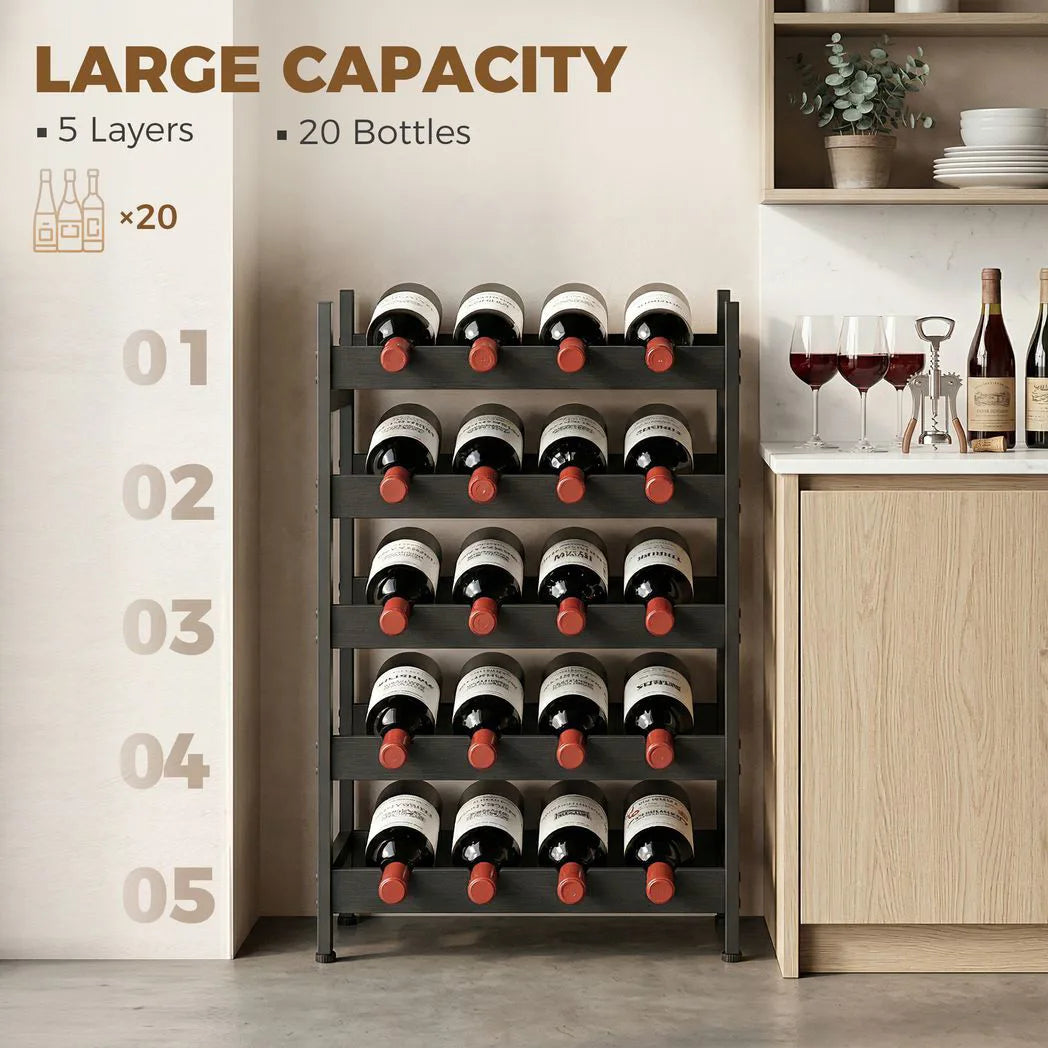 HOMCOM 5-Tier Industrial Wine Rack with Anti-Tip Kit, 20 Bottle Capacity – Freestanding Liquor Cabinet, Black