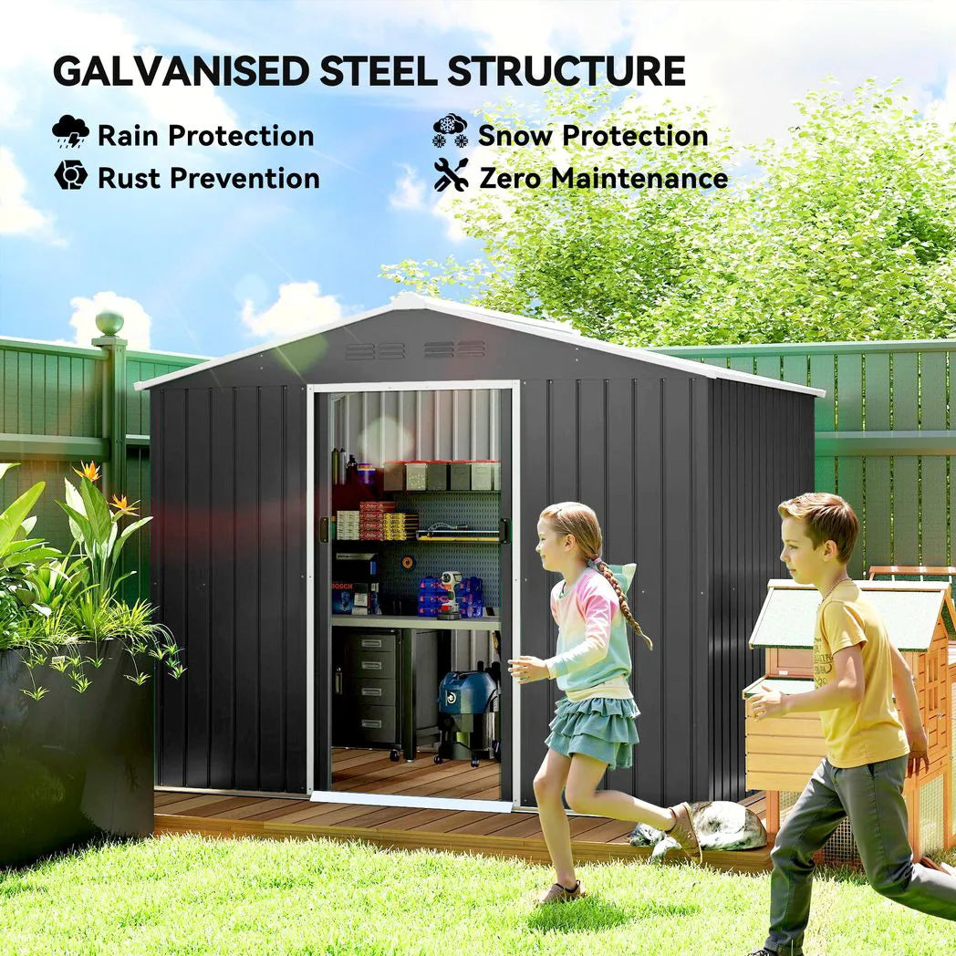 Outsunny 8 x 6ft Galvanised Steel Garden Shed with Lockable Sliding Double Doors and Vents, Dark Grey