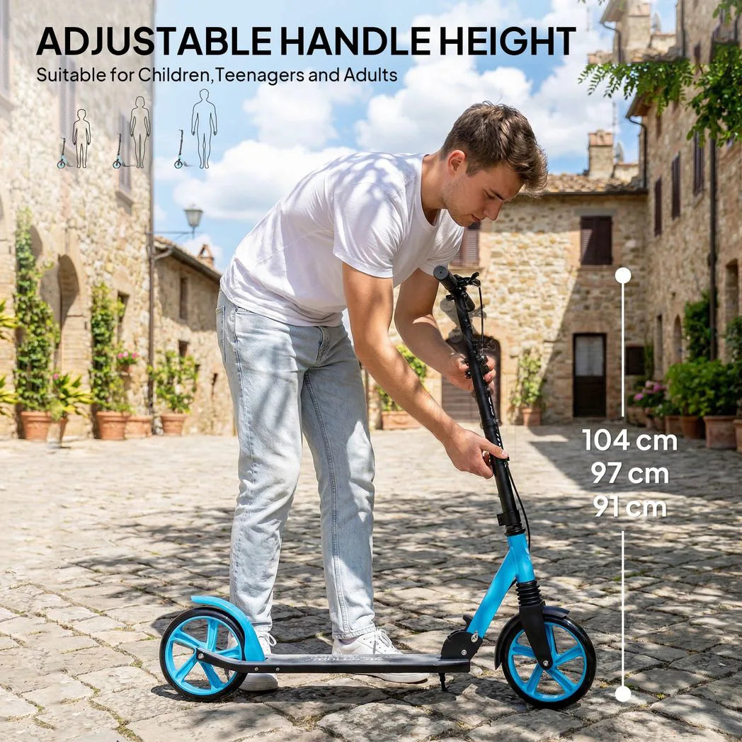 HOMCOM One-Click Folding Kick Scooter with Adjustable Handlebar, Dual Brakes & Kickstand – Push Scooter, Blue