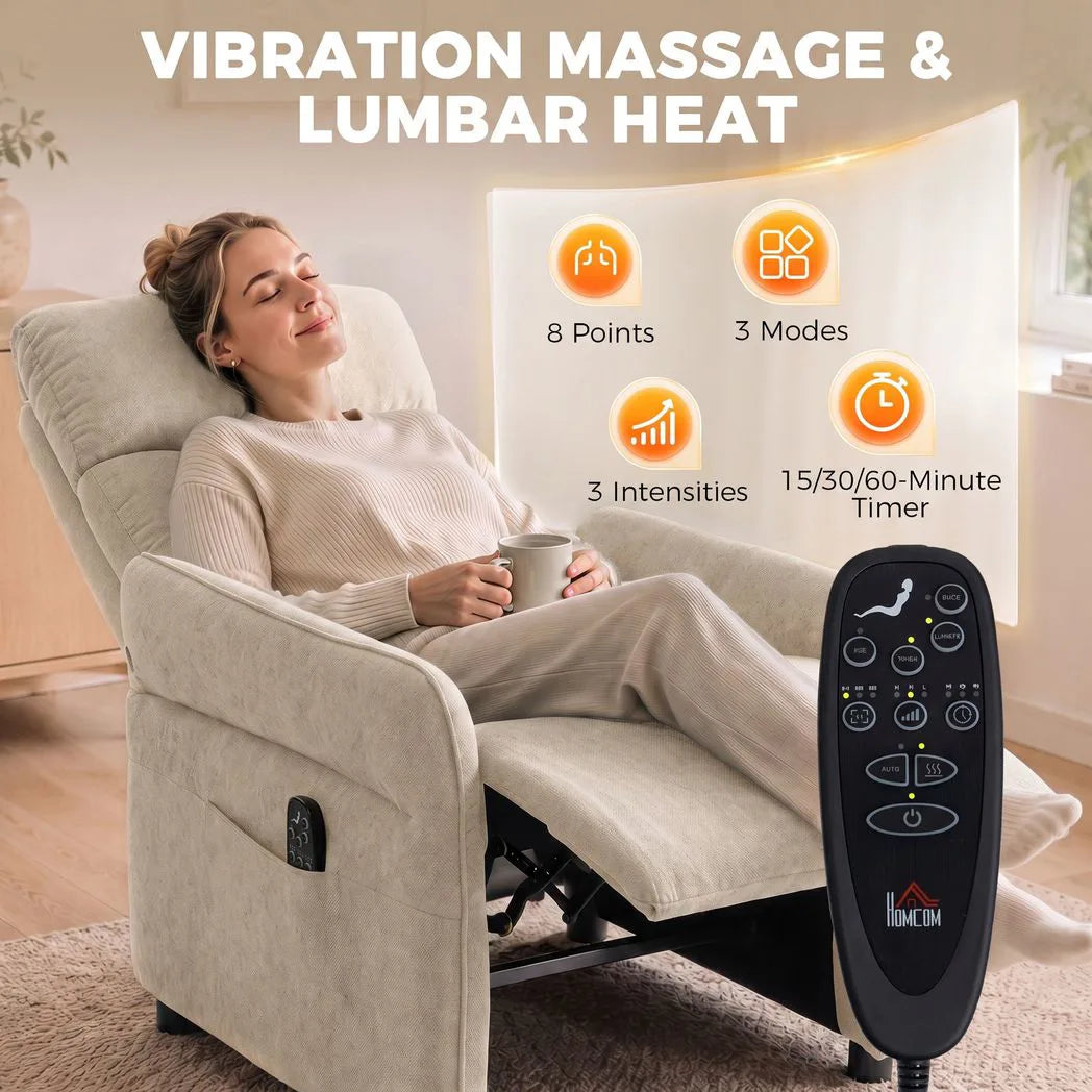 HOMCOM Push Back Recliner Armchair with 8-Point Massage, Lumbar Heat and Adjustable Armrests – Beige